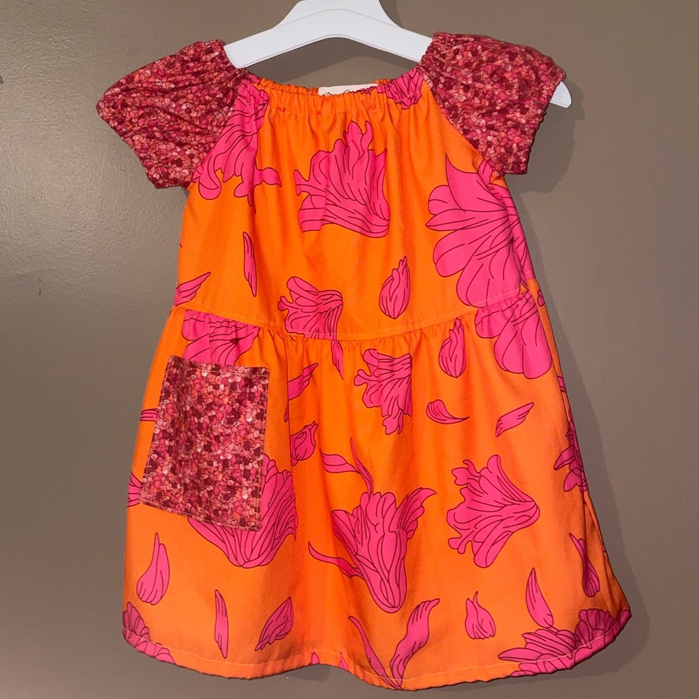 Grayce Girls A-Line Orange Pink Floral Dress Short Sleeve Pocket Sz 3 Hand Made